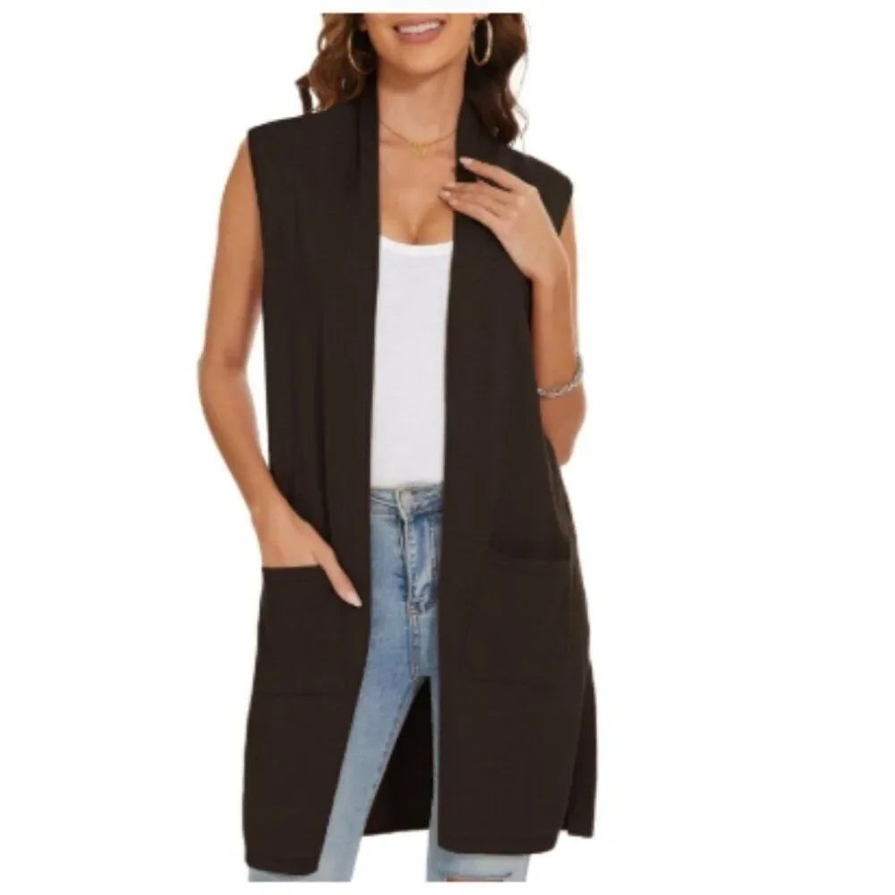 Joan Vass Duster Blue Sleeveless Long Cardigan with Pockets in Size M